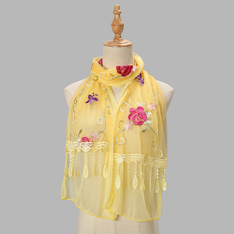 Double-layer Embroidery Flower Scarf Female Tassel