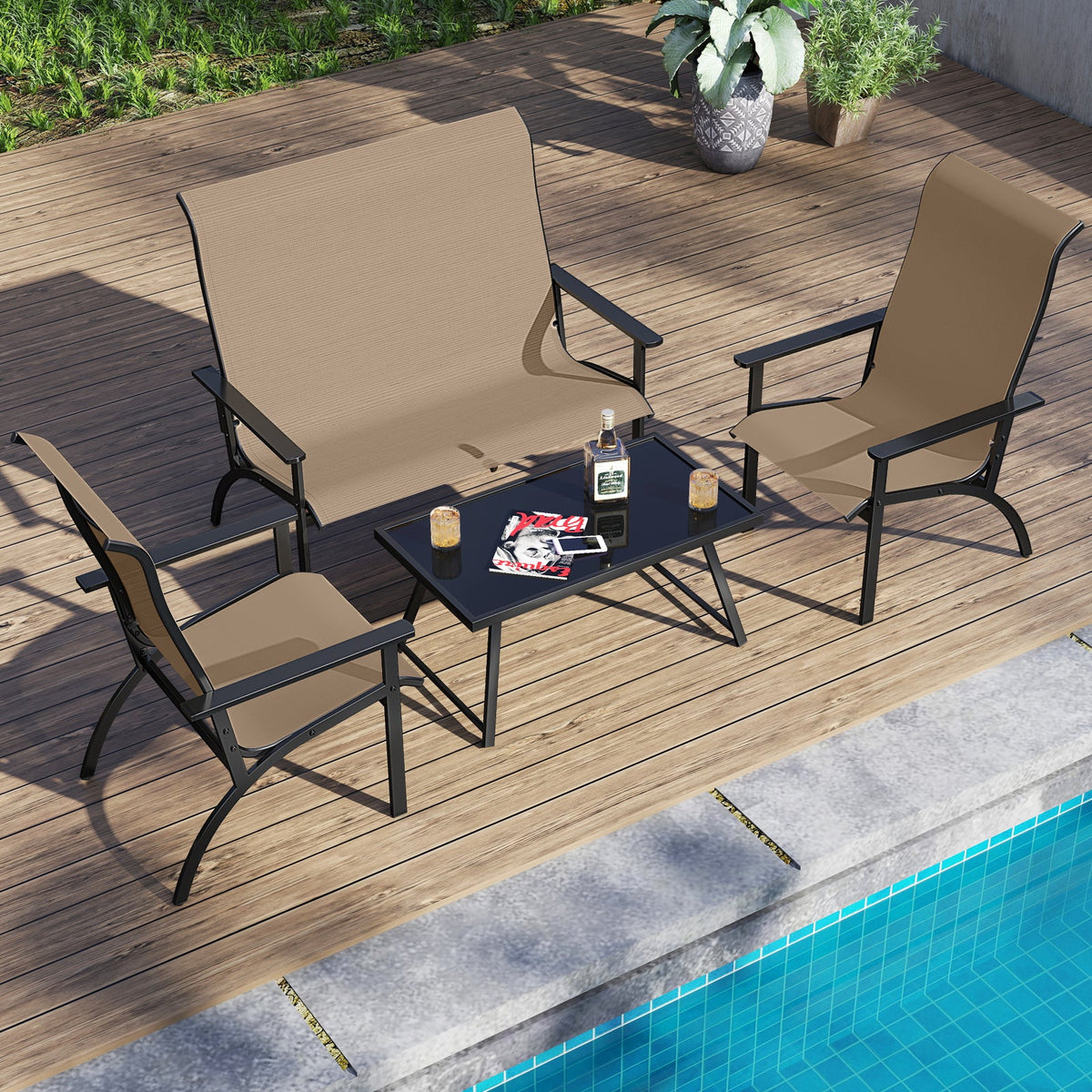 Outdoor Adirondack Chair with High Back and Metal Frame for Porch Garden-Coffee