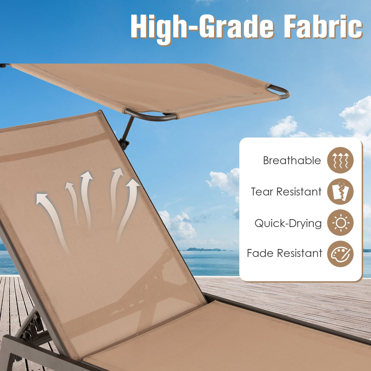 Outdoor Chaise Lounge Chair with Sunshade and 6 Adjustable Position-Brown