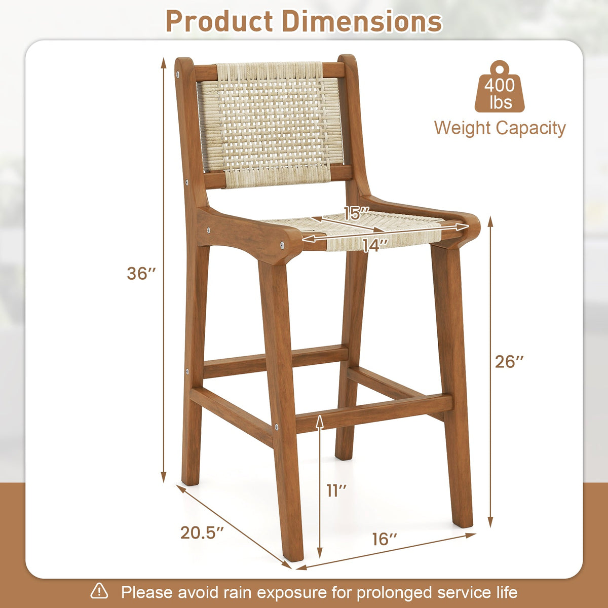 Outdoor Counter Height Bar Stool with Teak Wood Frame