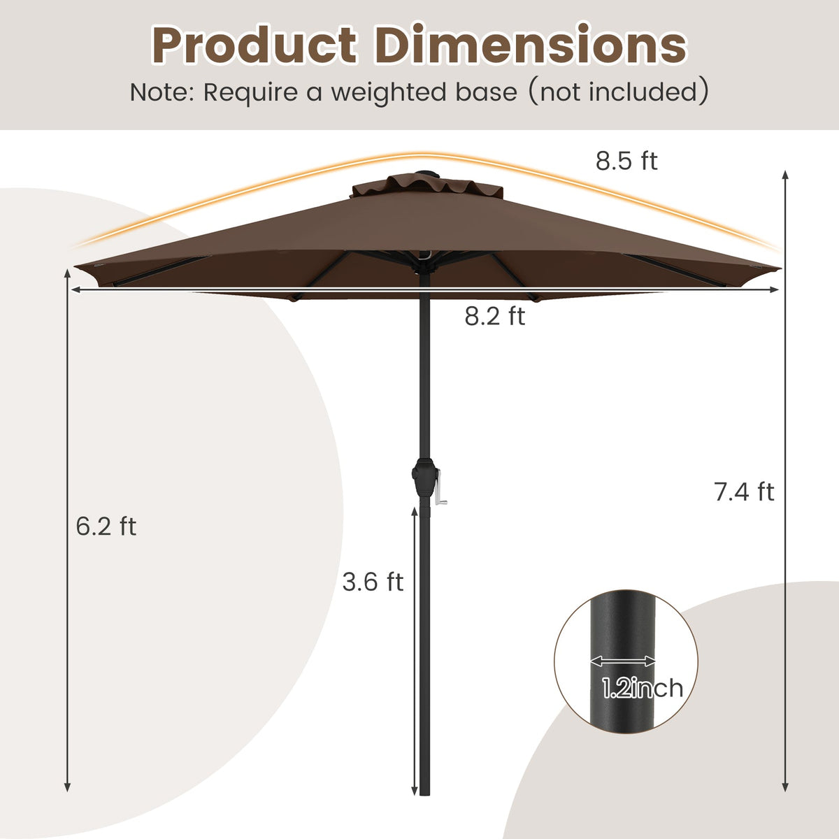 Outdoor Heavy Duty Market Umbrella with Crank Handle and 8 Sturdy Ribs