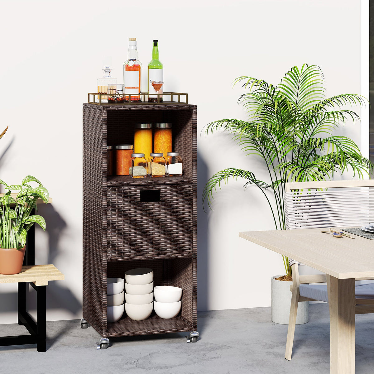 Outdoor Storage Cabinet with Drawer and 3 Shelves for Backyard