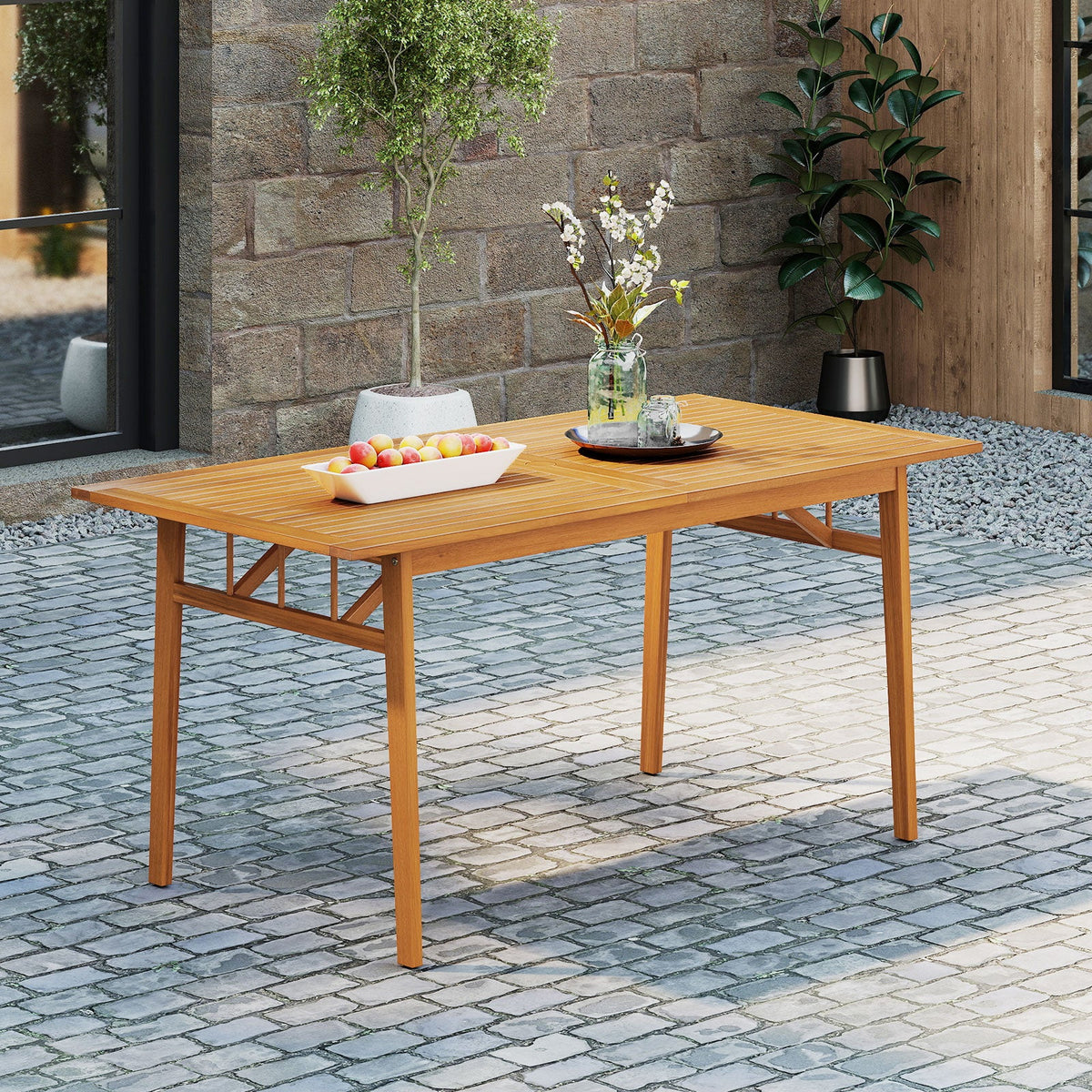 Outdoor Wooden Dining Table with Umbrella Hole and Stable Base