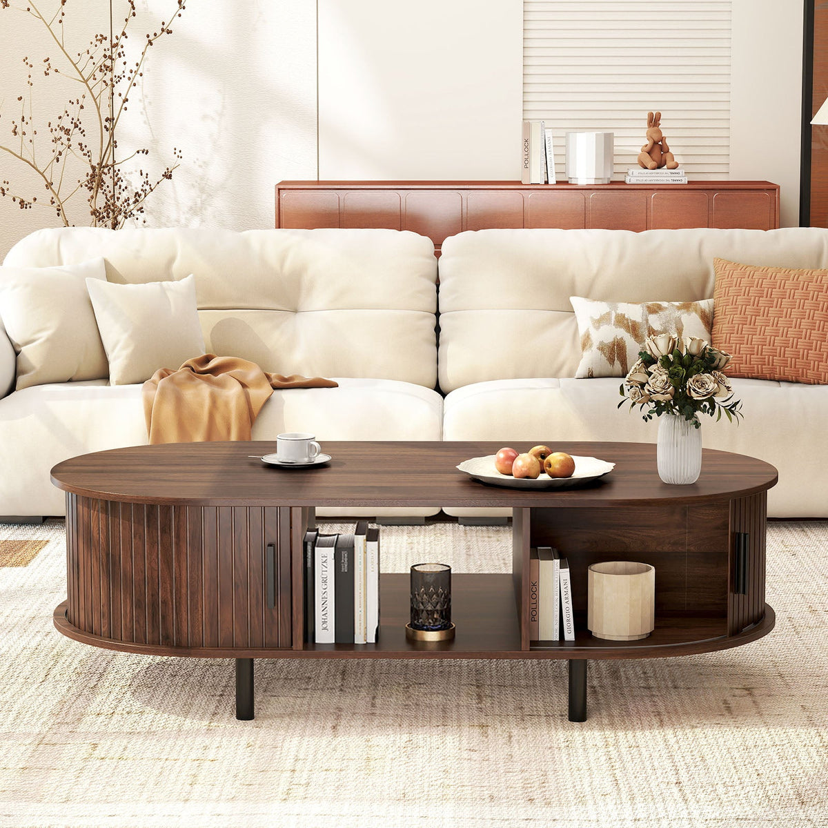 48" Mid Century Center Table with Sliding Fluted Doors and Open Compartment-Walnut