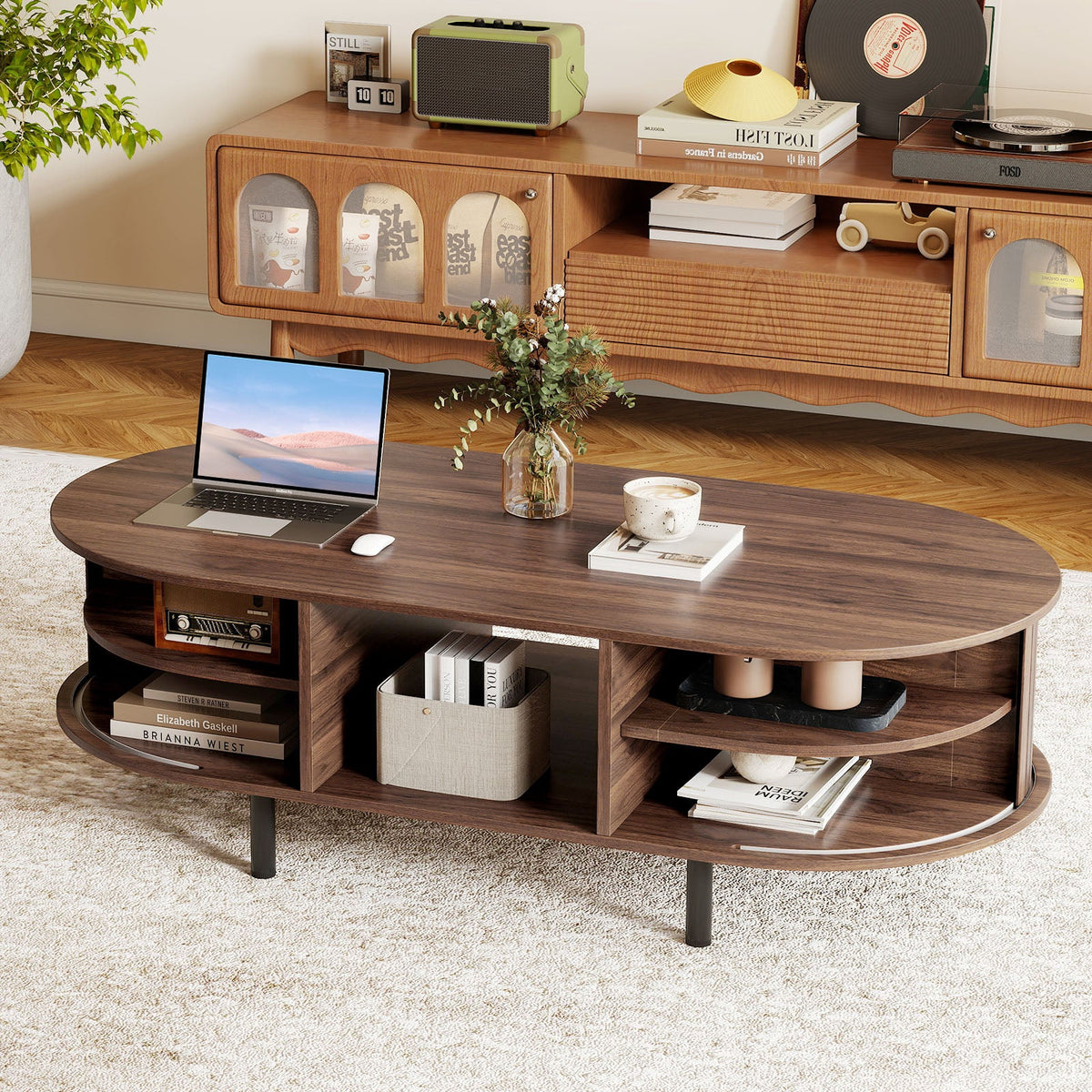 48" Mid Century Center Table with Sliding Fluted Doors and Open Compartment-Walnut