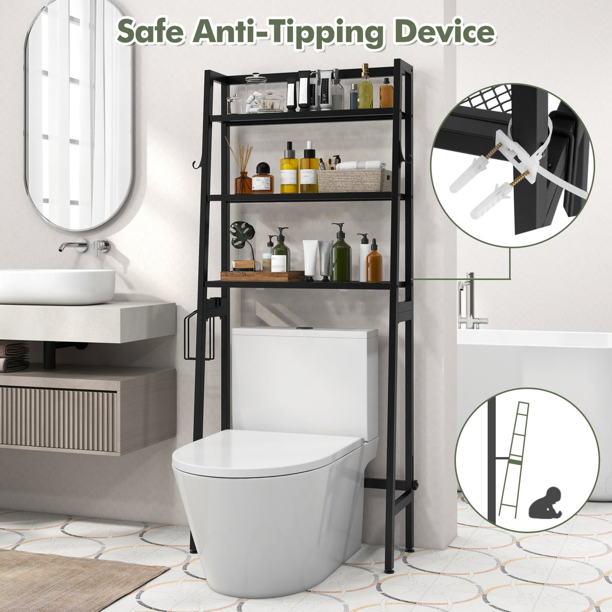 3-Tier Over The Toilet Storage Shelf with Adjustable Bottom Bar DirectDeals