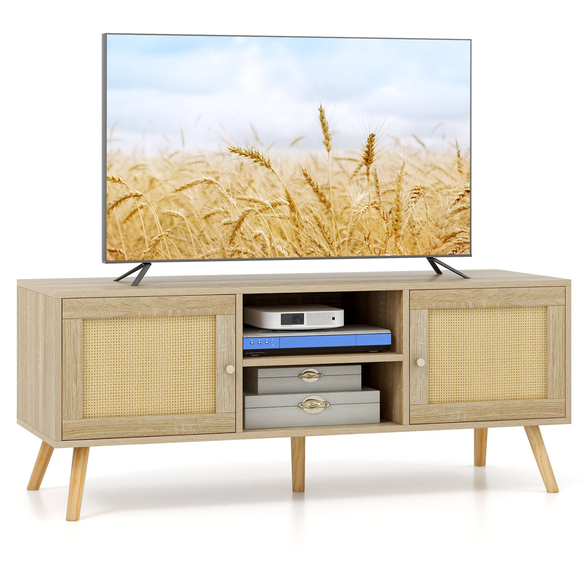 PE Rattan Media Console Table with 2 Cabinets and Open Shelves