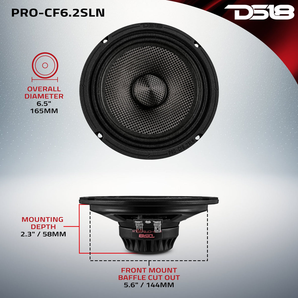 6.5” Slim Motorcycle & Motorsports Loudspeaker With Neodymium Magnet and Water Resistant Carbon Fiber Cone | 2-Ohm 150W RMS DS18