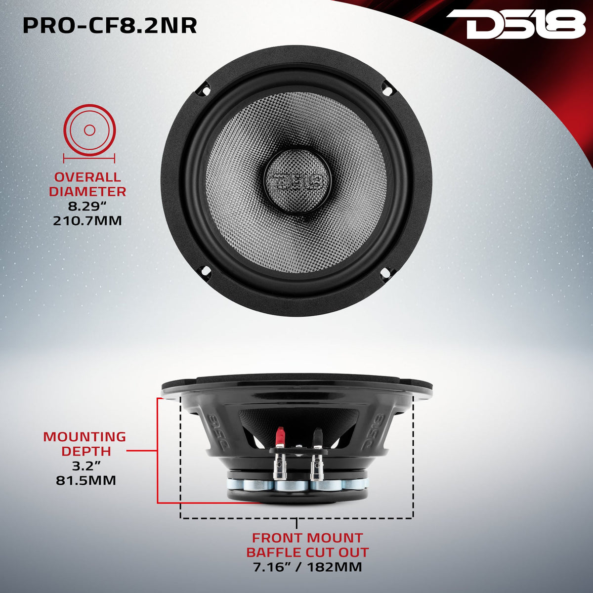 PRO 8" Mid-Bass Loudspeaker with Water-Resistant Carbon Fiber Cone & Neodymium Rings, 300W RMS, 2-Ohm DS18