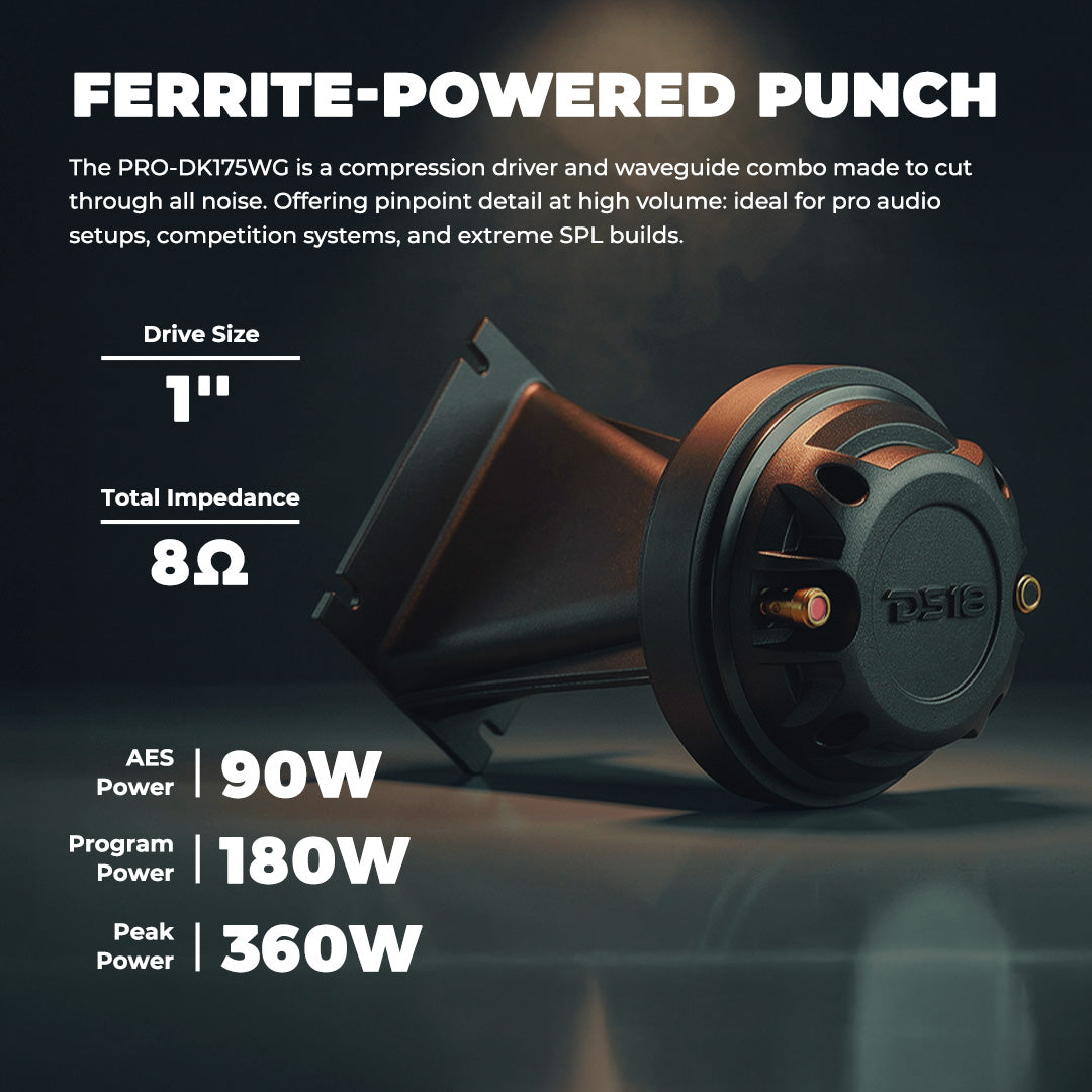 PRO-DK 1" Compression Driver with 3.5" x 4.4" Wave Guide Horn | 360W Peak 8-Ohm, Ferrite Magnet DS18