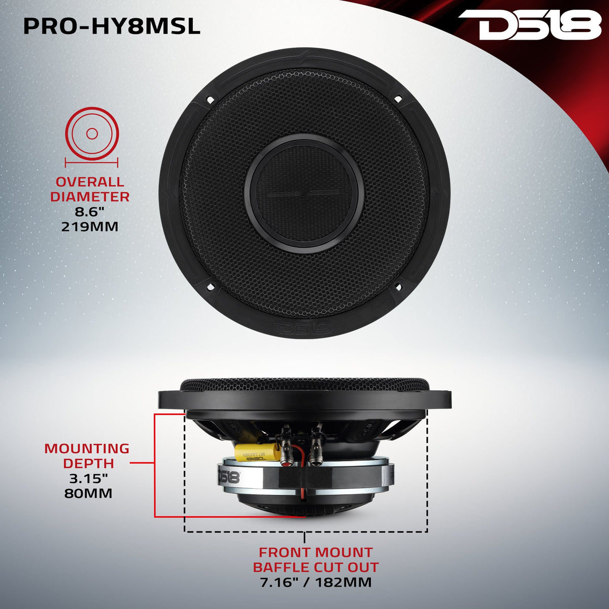 PRO 8" Shallow Coaxial Hybrid Mid-Range Loudspeaker with Built-in Driver | 200W RMS 8-Ohm DS18