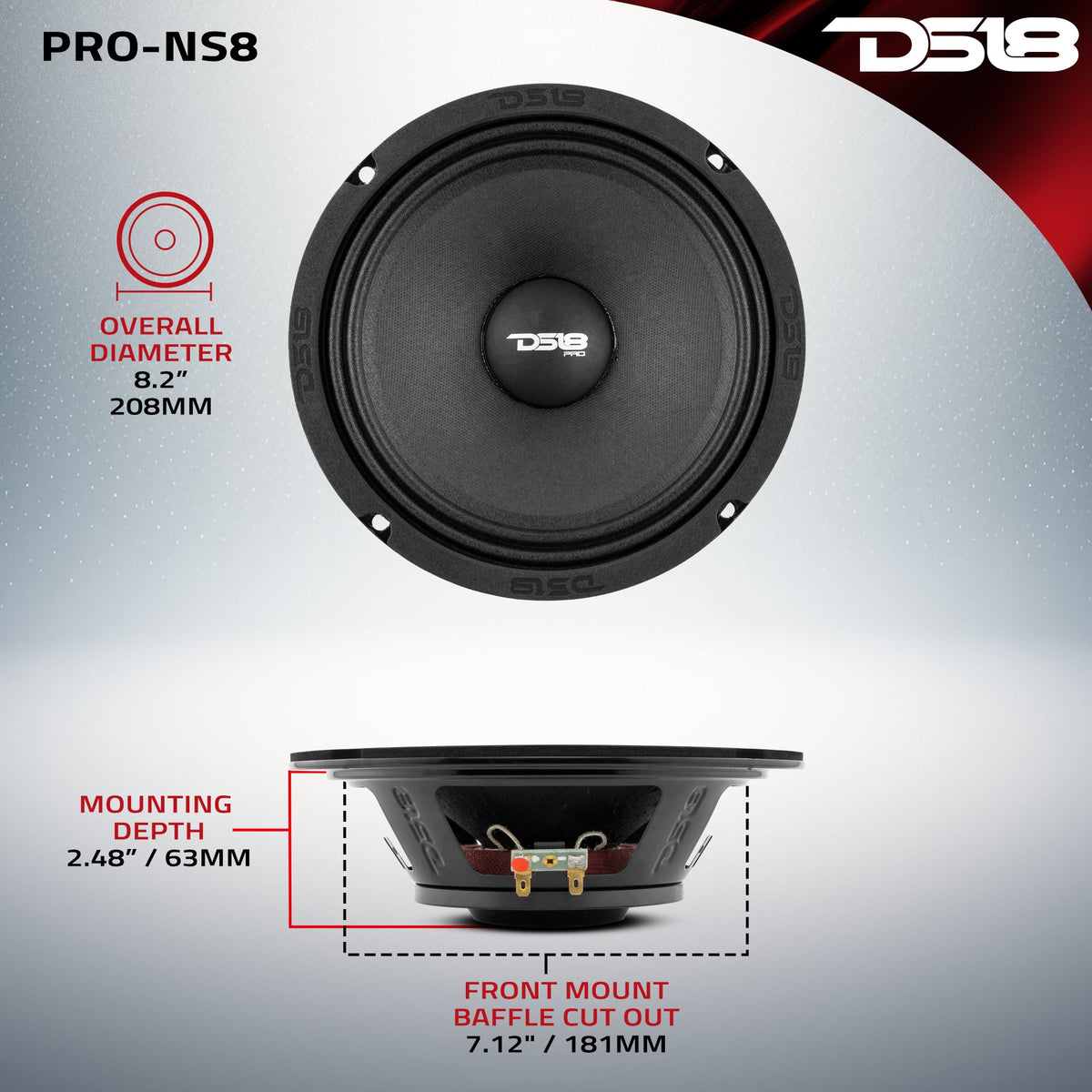 PRO 8" Shallow Neodymium Full-Range Loudspeaker 200 Watts Rms 8-Ohm DS18