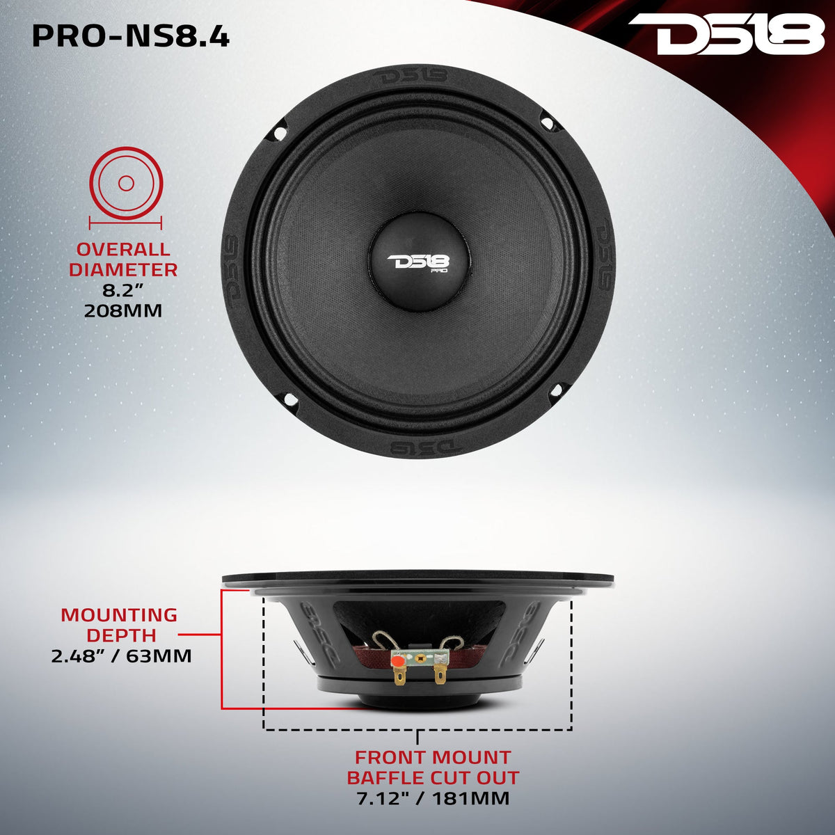 PRO 8" Shallow Neodymium Full-Range Loudspeaker 200 Watts Rms 4-Ohm DS18
