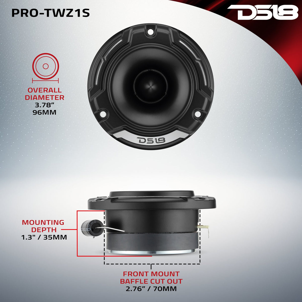 3.8" Shallow-Mount Super Bullet Compression Tweeter with 1" Aluminum Voice Coil | 100 Watts RMS 4-Ohm DS18
