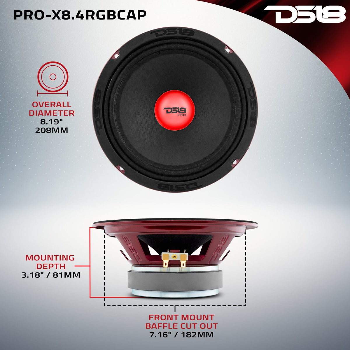 PRO-X 8" Mid-Range Loudspeaker with RGB Light Dust Cap 275 Watts Rms 4-Ohm DS18