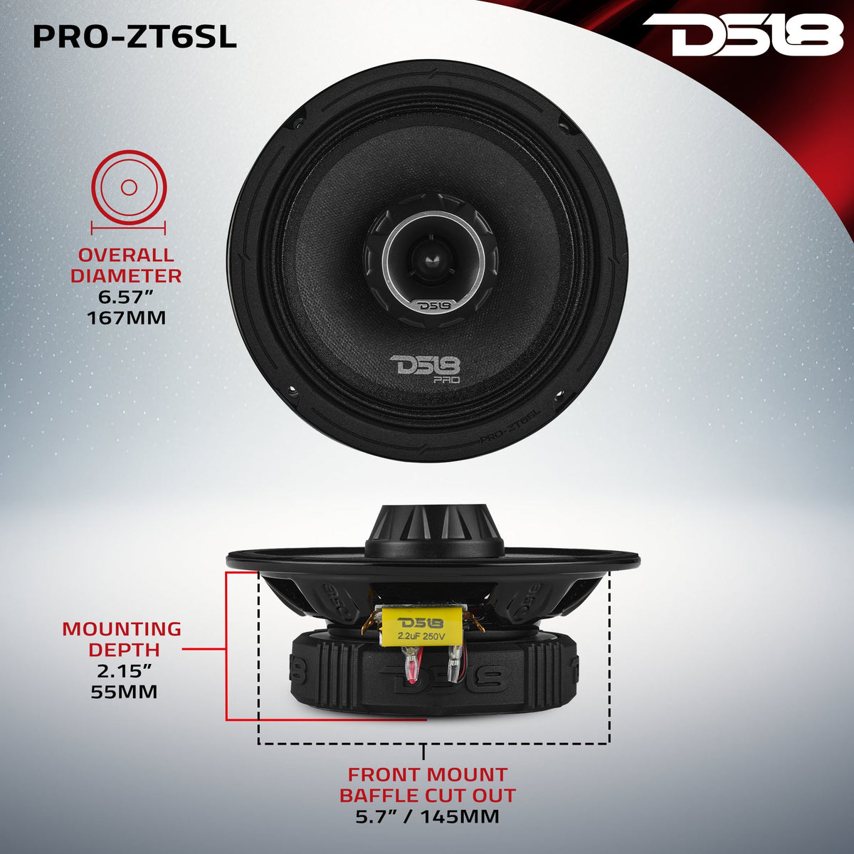PRO-ZT 6.5” Slim Coaxial Mid-Range Loudspeaker with Water-Resistant Cone Built-in Bullet Tweeter | 200W RMS 4-Ohm DS18