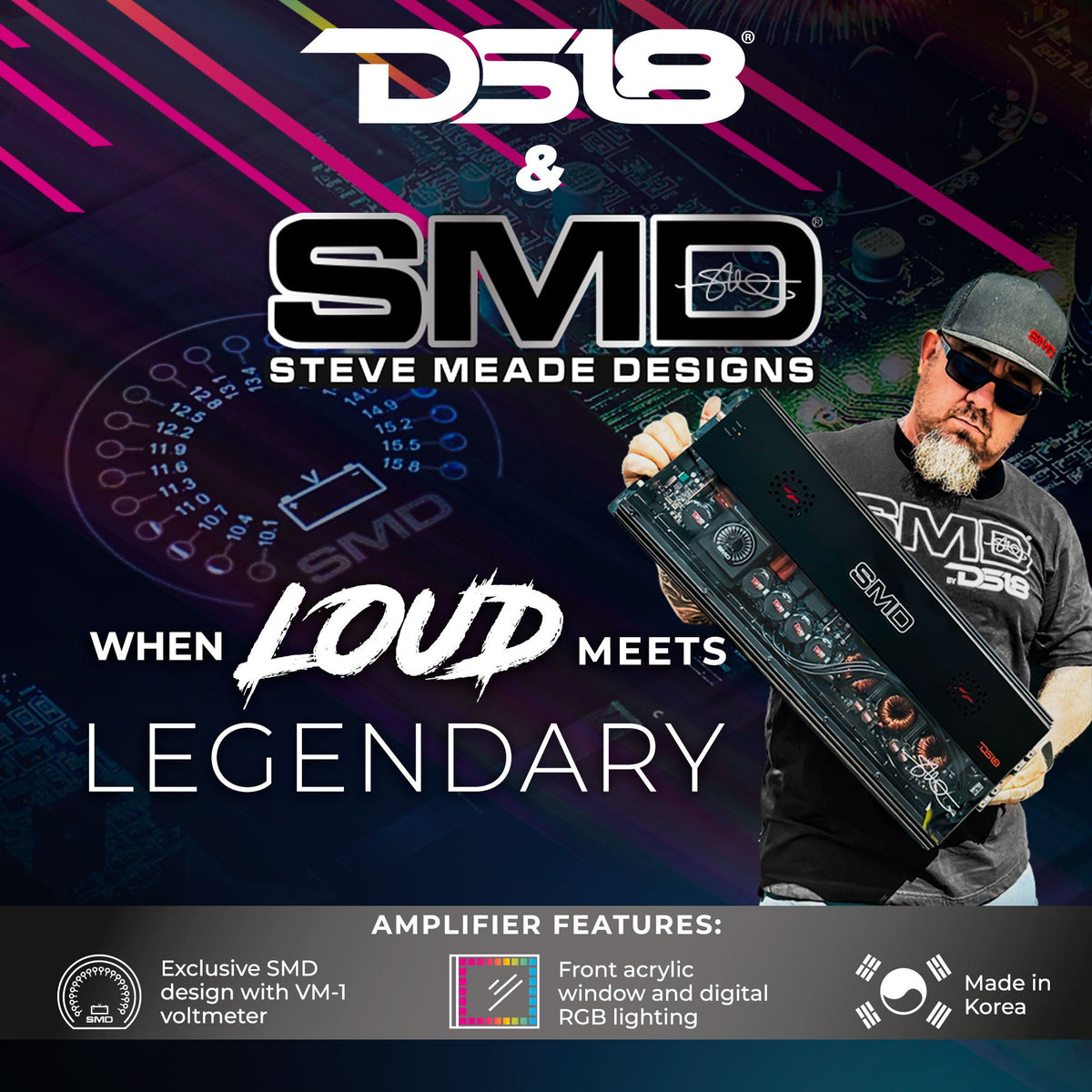 SMD Monoblock Amplifier with VM-1 Voltmeter and Digital LED Lights 5000W RMS at 1-ohm - Steve Meade Designs DS18