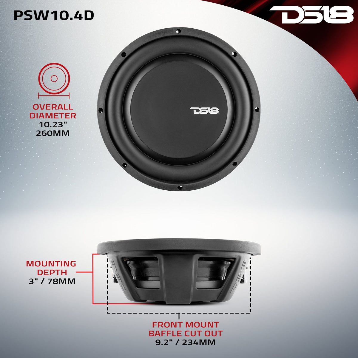 PS Shallow-Mount Water Resistant 10" Subwoofer | 500W RMS DVC 4-Ohm DS18