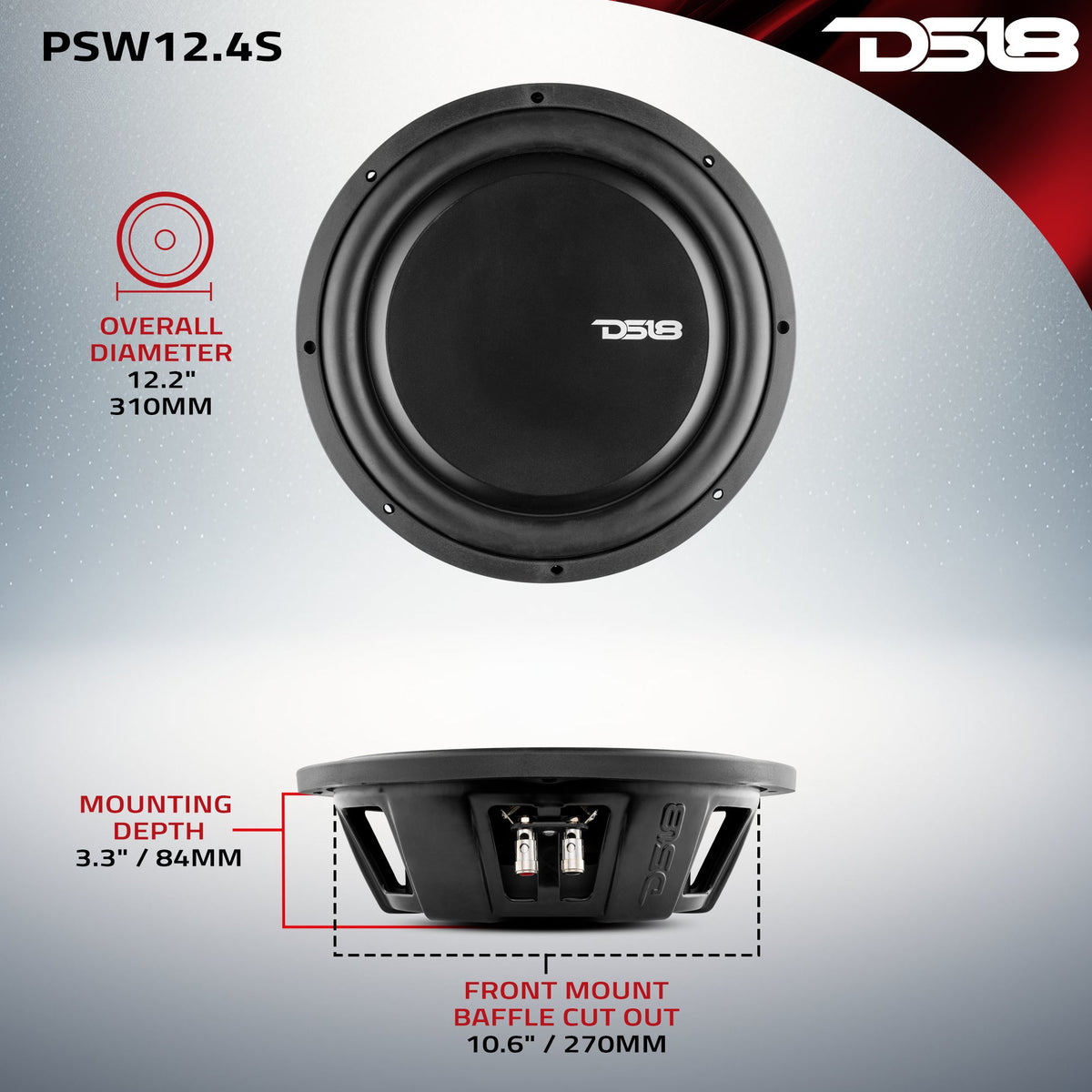 PS Shallow-Mount Water Resistant 10" Subwoofer | 500W RMS DVC 2-Ohm DS18