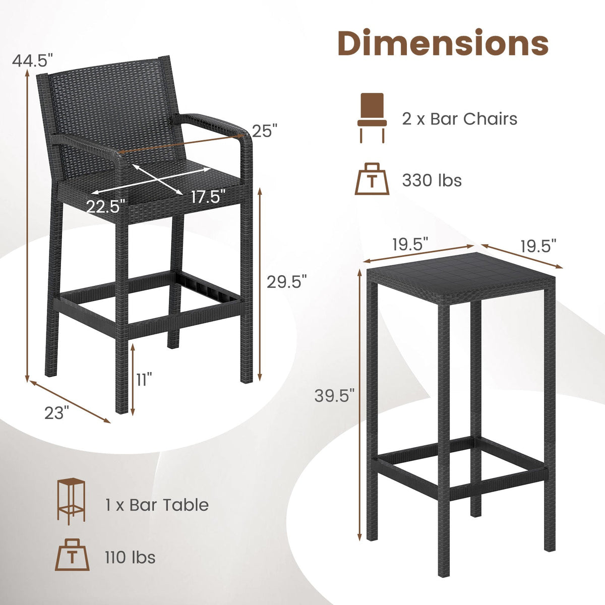 3 Pieces Patio Bar Set with 2 Stools and 1 Bar Table-Black
