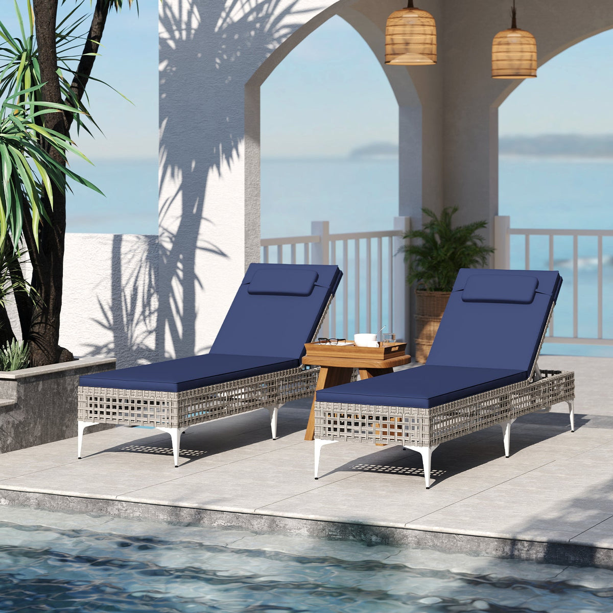 Patio Chaise Lounge Chair with 6-Level Adjustable Backrest and Headrest for Poolside-Navy
