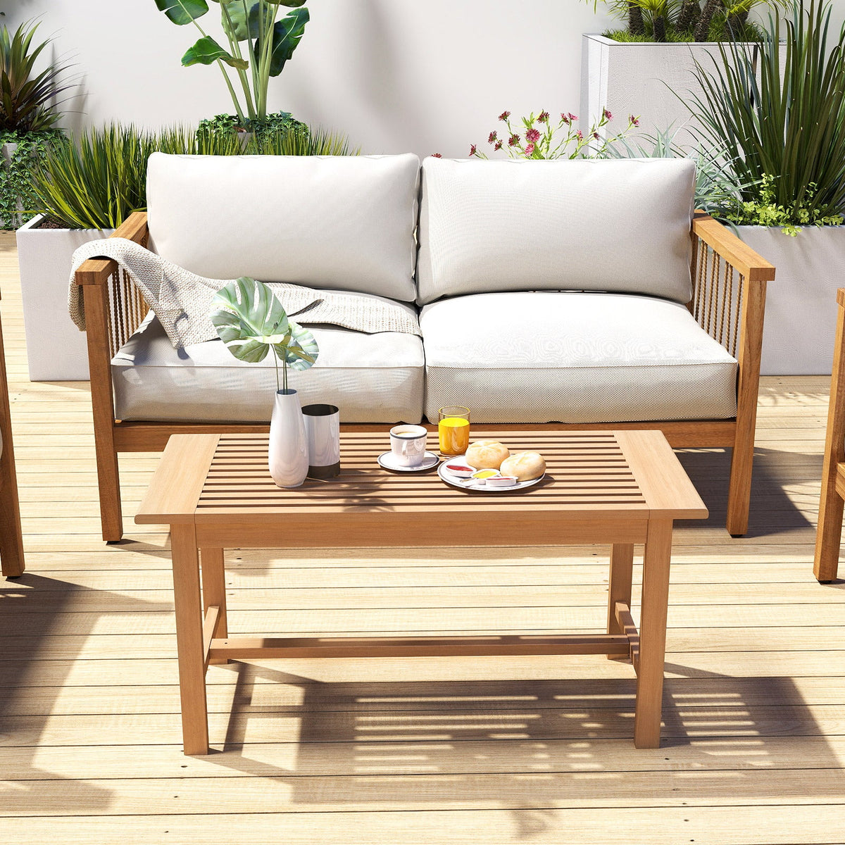 Patio Coffee Table 36 Inch Rectangular Outside Side Table with Slatted Tabletop
