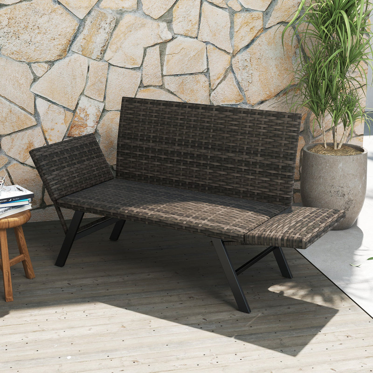 Patio Convertible Sofa for 2 Quick Dry Foam Padded Rattan with Armrests-Gray