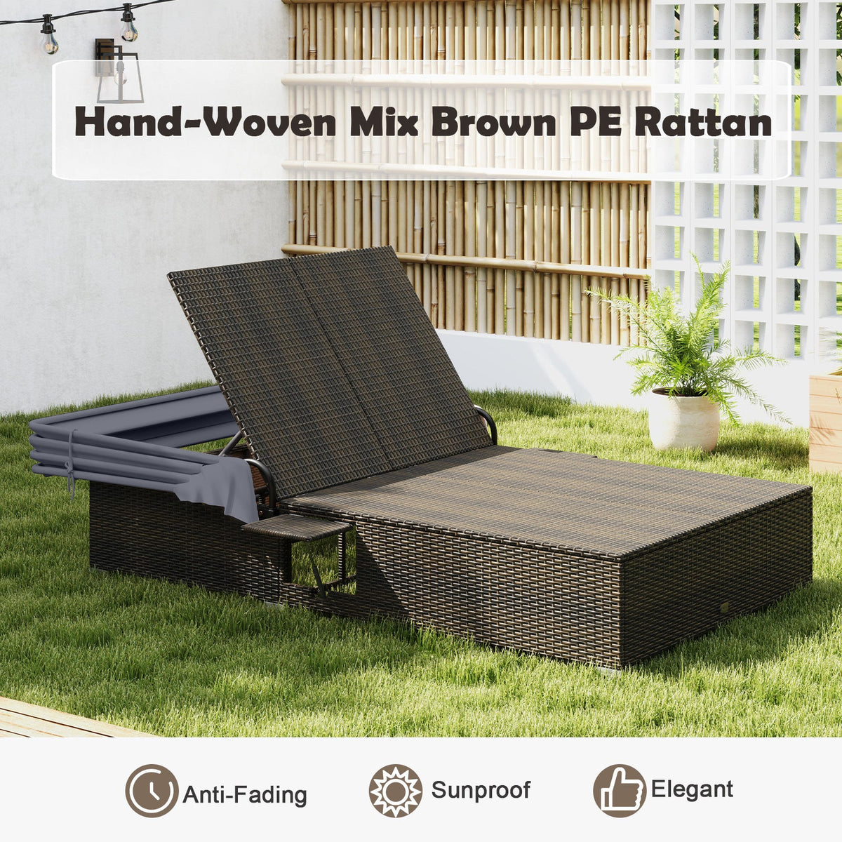Patio Double Chaise Lounge with Shade Cushions and Folding Side Trays