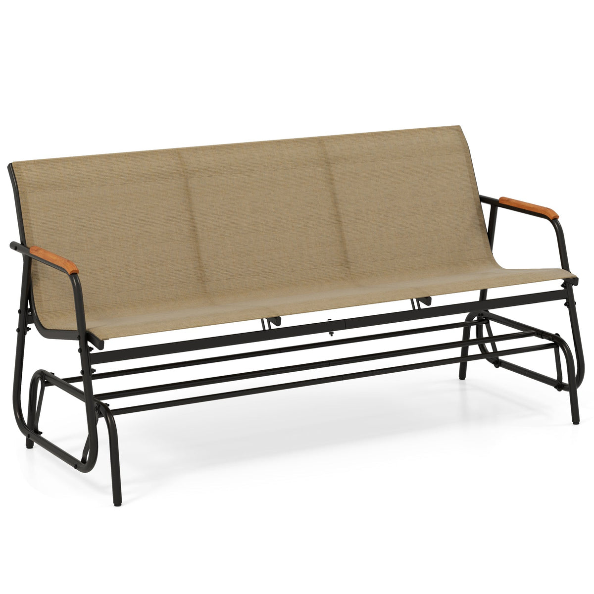 Patio Glider Bench with Curved Teak Armrests and Breathable Fabric Seat for 3 People-Brown