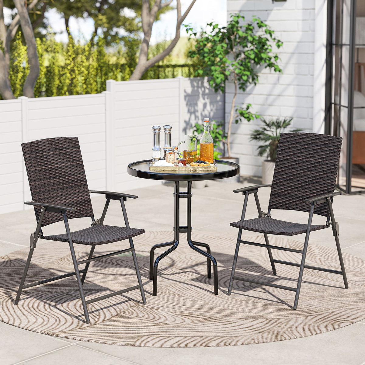 Folding Wicker Patio Dining Chairs with Armrests - Set of 2
