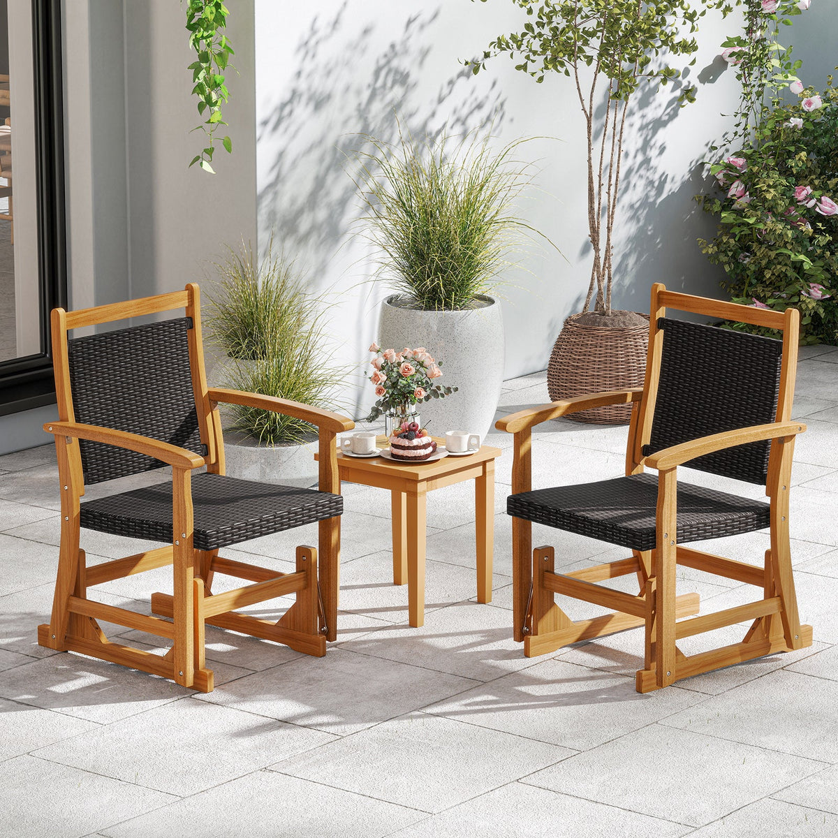 Rattan Glider Chair with Acacia Wood Frame