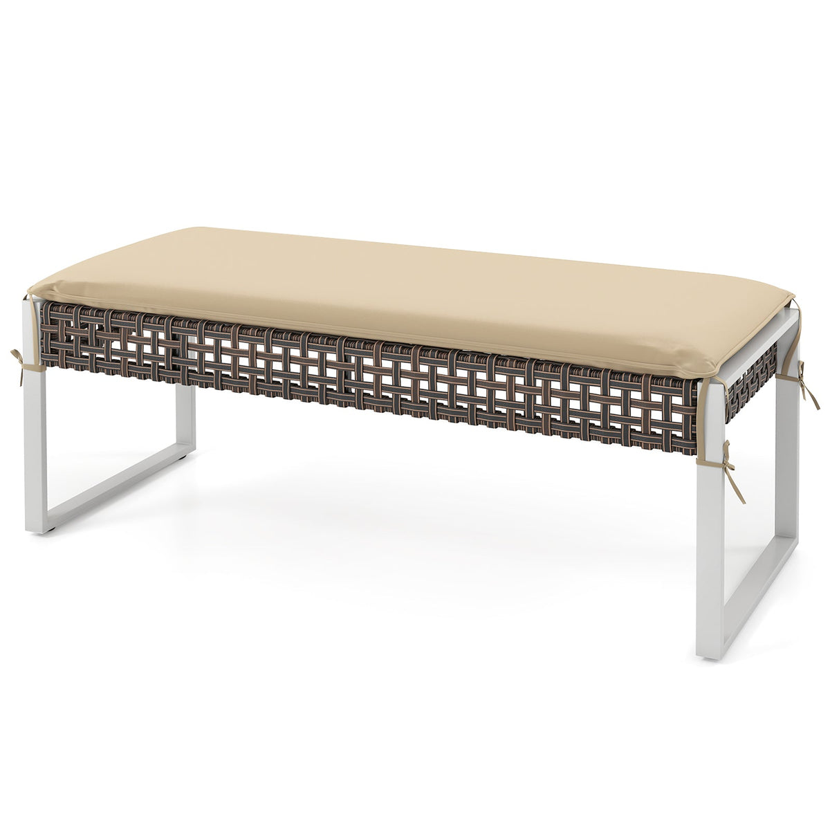 43 Inch Patio Rectangle Ottoman with Metal Legs and Seat Cushion-Beige