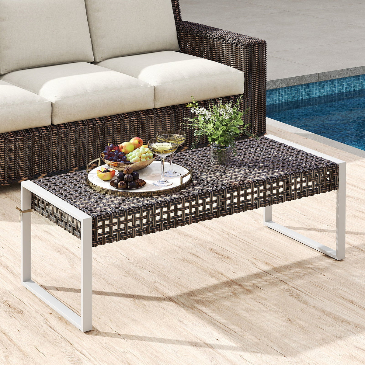 43 Inch Patio Rectangle Ottoman with Metal Legs and Seat Cushion-Beige