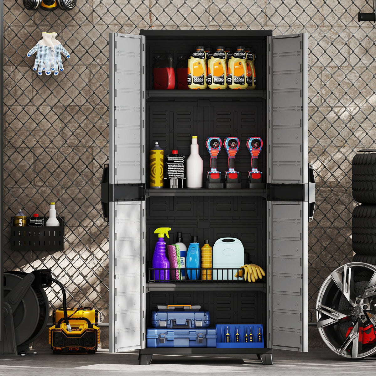 Plastic Lockable Storage Cabinet with Doors and 3 Adjustable Shelves