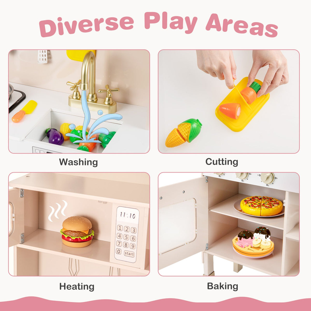 Play Kitchen Height Adjustable with Microwave and Lights and Sounds-Pink
