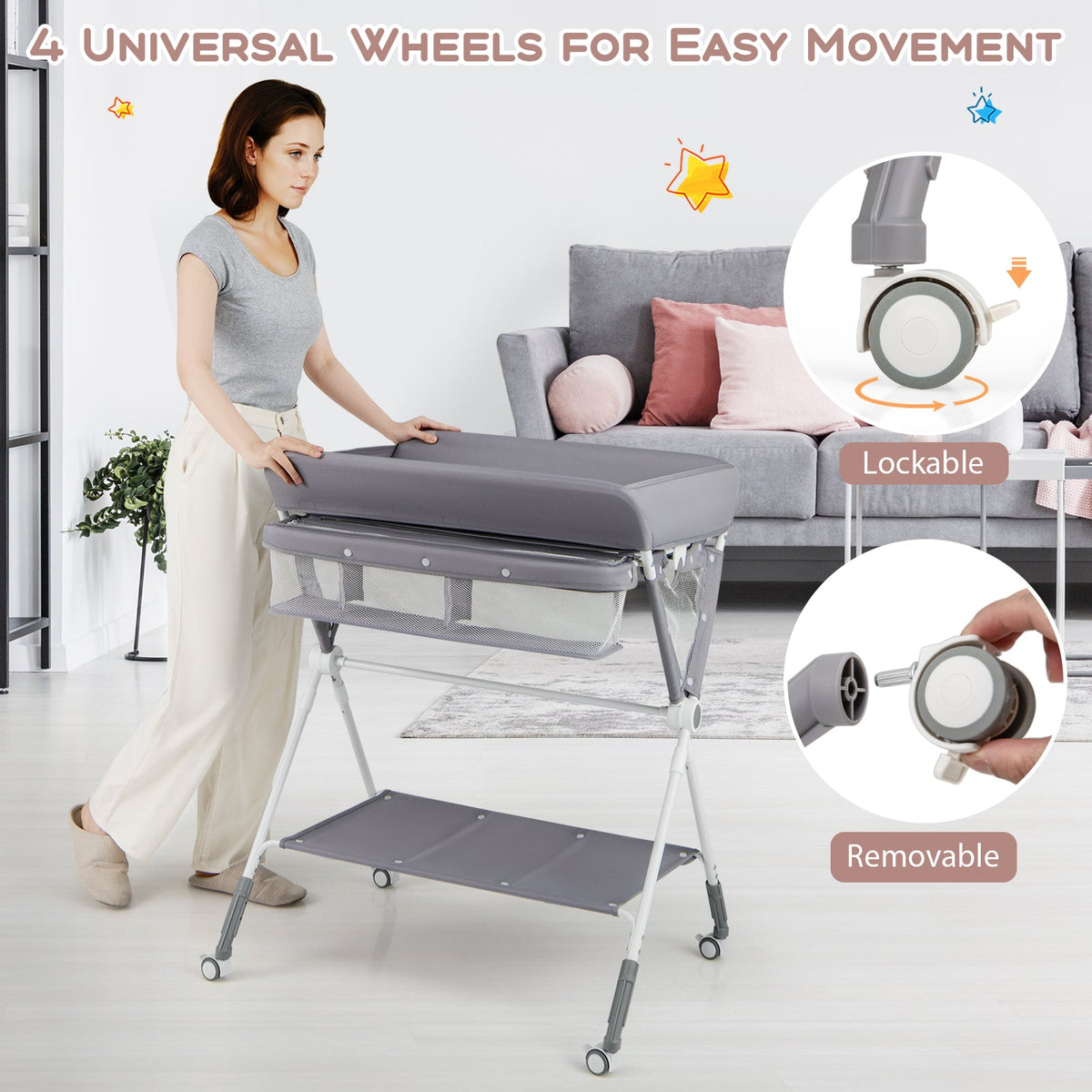 Portable Baby Changing Table with 3-Level Adjustable Height