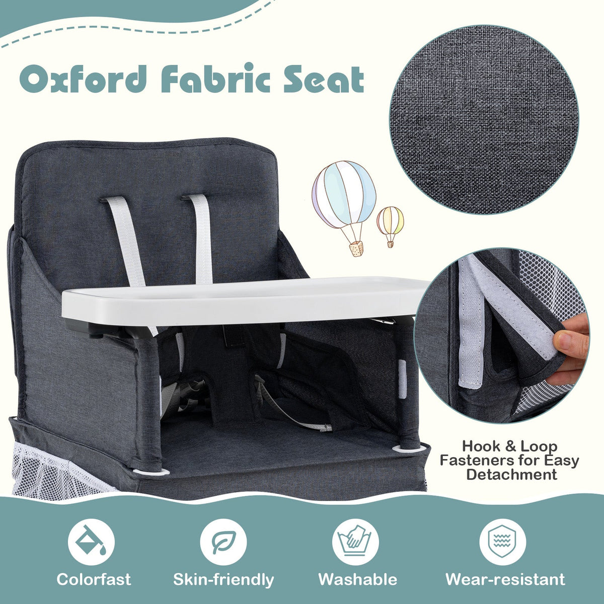 Portable High Chair for Travel Foldable with Adjustable Tray and Mesh Pockets-Gray