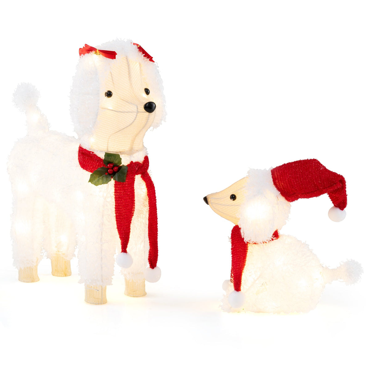 Pre-lit Mama and Baby Poodle Dogs with 60 Warm White LED Lights