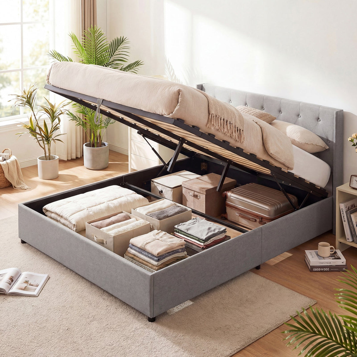 Queen Size Lift-up Storage Bed Modern Linen Upholstered Platform Bed