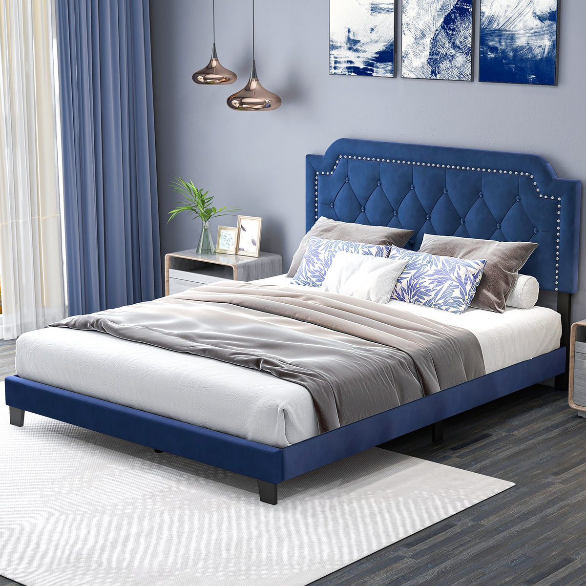 Queen Size Velvet Platform Bed with Button Tufted and Nailhead Trim Headboard-Queen Size
