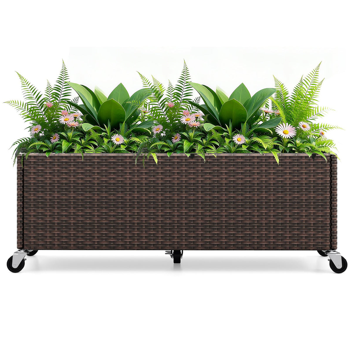 Raised Garden Bed PE Rattan Wicker Patio Planter Box with Wheels and Liner