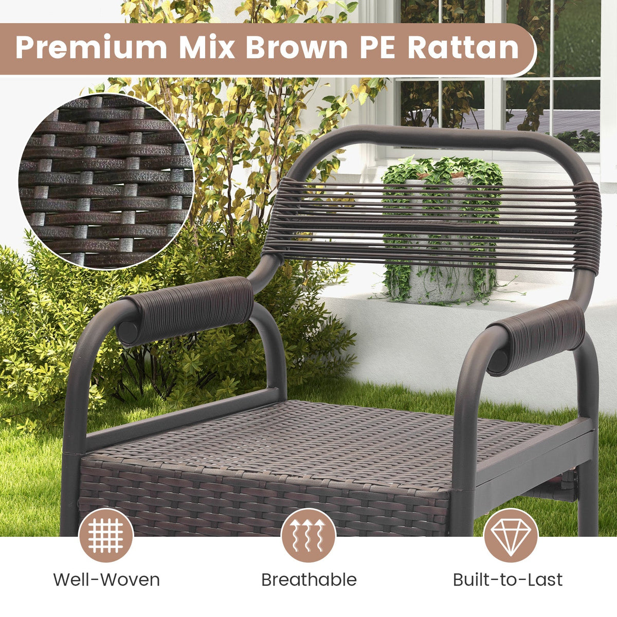 5 Piece Rattan Counter Set with 4 Stools and Polywood Bar Table-Brown