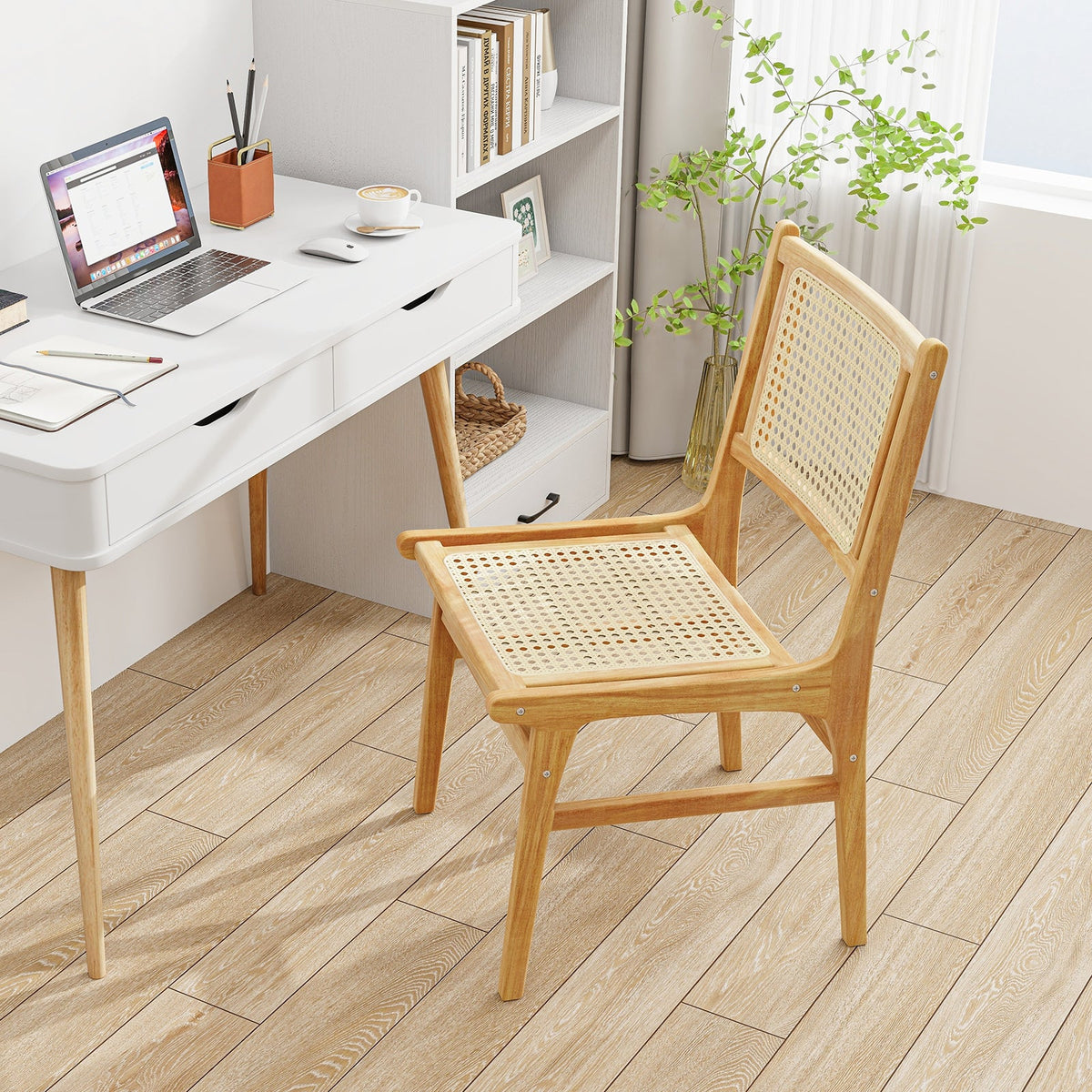 Rattan Dining Chair with Natural Cane Woven Backrest and Teak Wood Frame