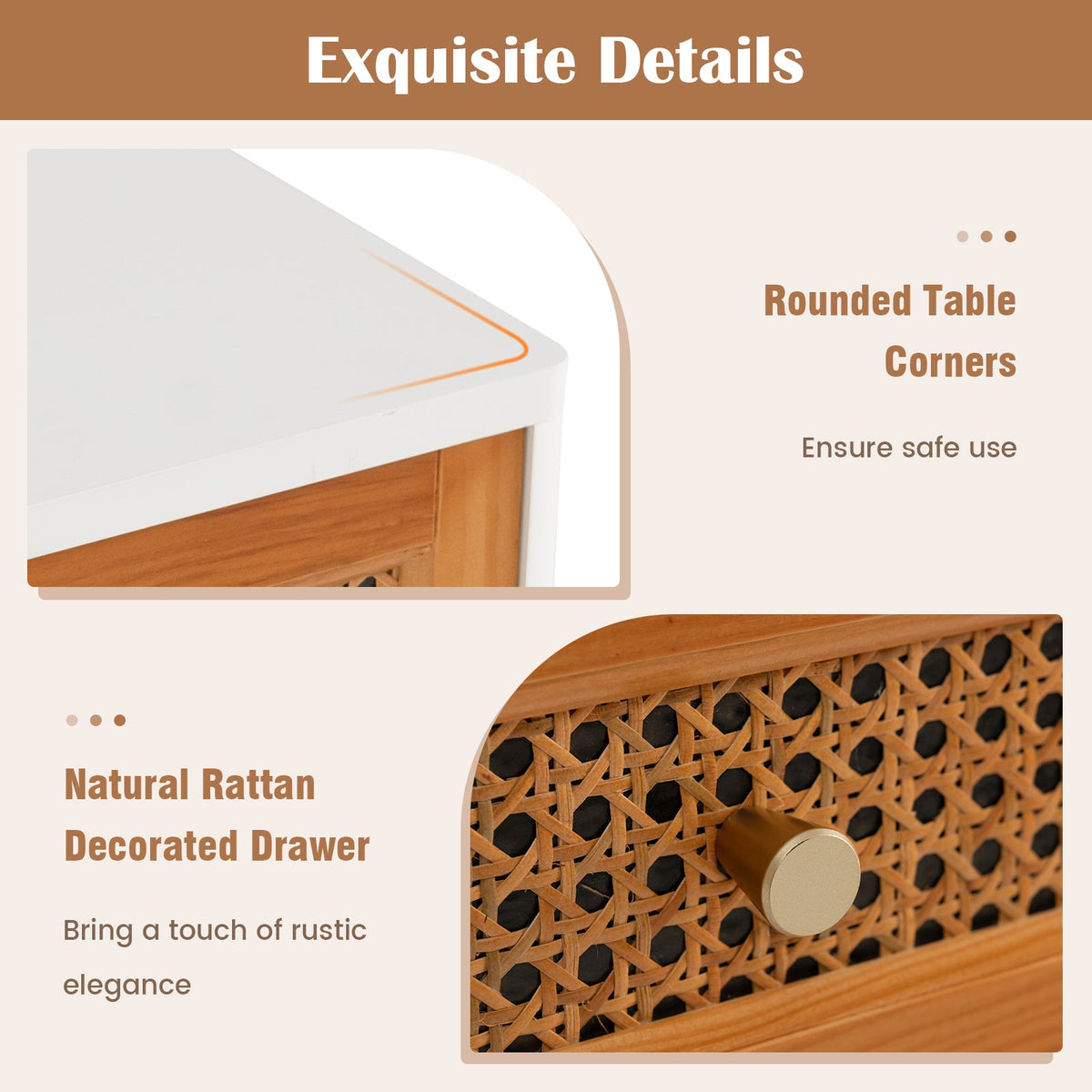 Rattan Nightstand Mid Century Modern Accent Table with Drawer-White
