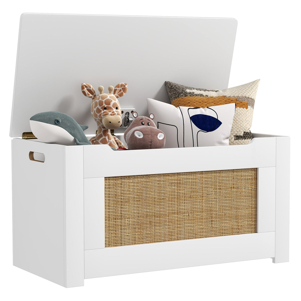 Kids Rattan Toy Storage Box with Flip Top Lid and Safety Hinge Handles-White