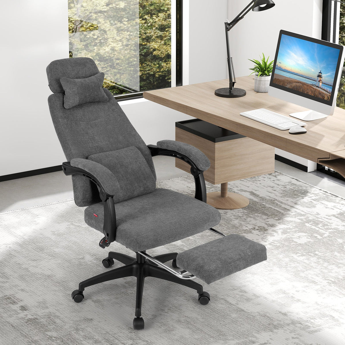 Reclining Office Chair Chenille Fabric Upholstered Computer Desk Chair-Gray