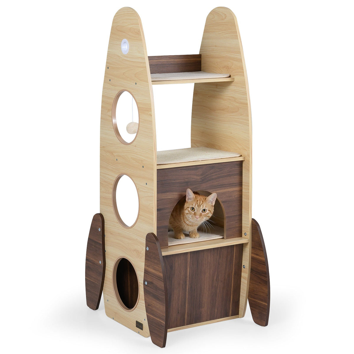 Rocket Cat Tree 47 Inch Large Wooden Cat Tower for Indoor Cats-Natural