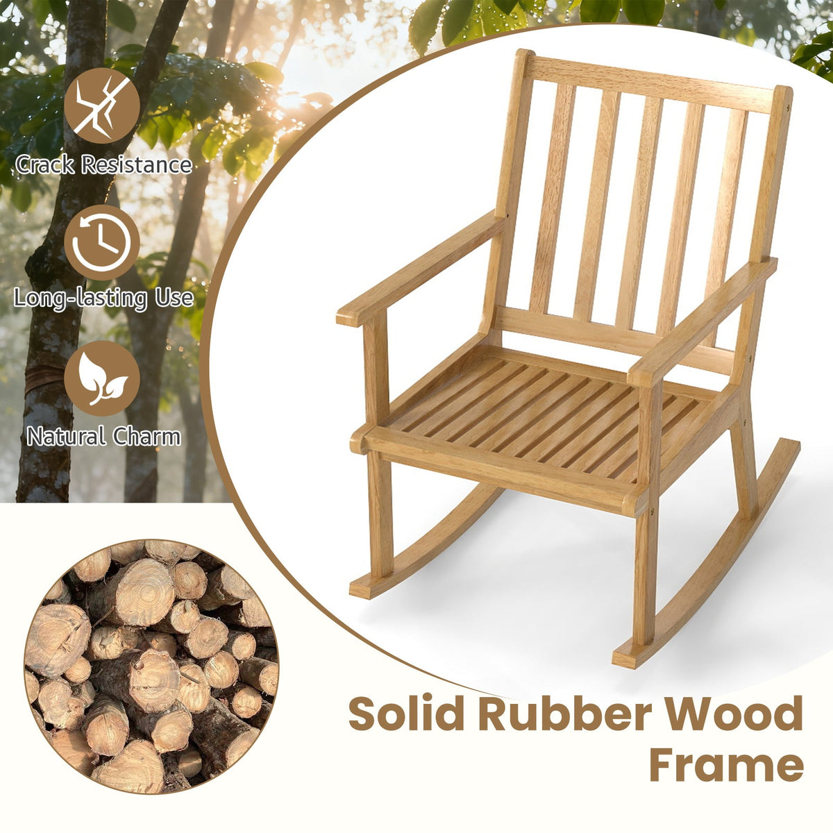 Rocking Chair with Cushion Solid Rubber Wood Rocker with Padded Seat-Natural