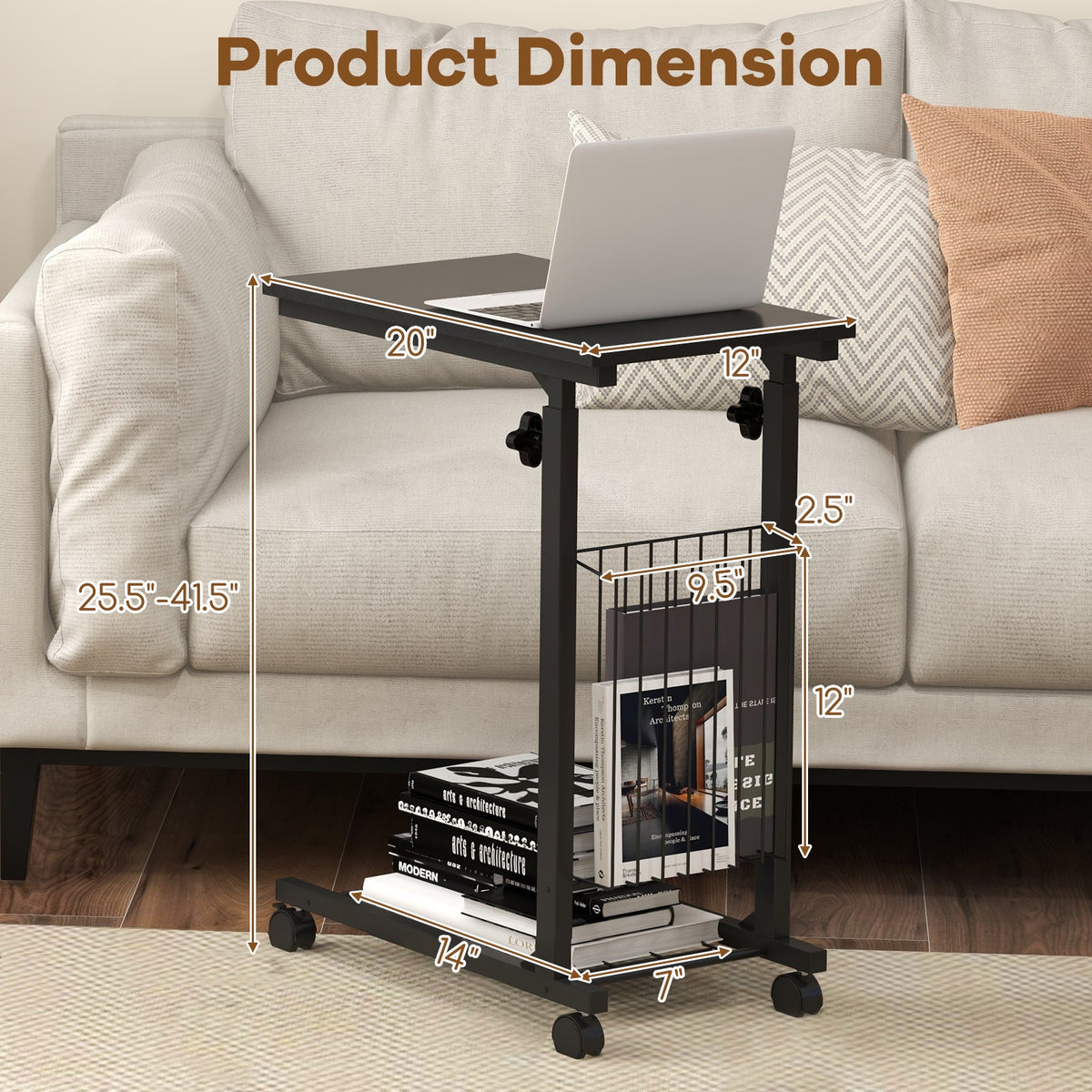 Rolling Height Adjustable Sofa End Side Table