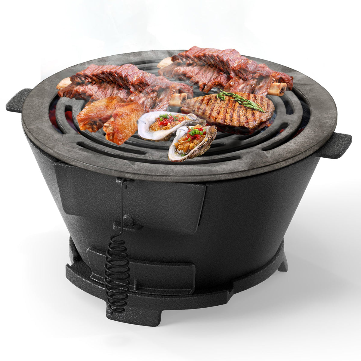 Round Hibachi Grill Outdoor Portable Charcoal Stove with 12 Inch Double-Sided Grate-Black